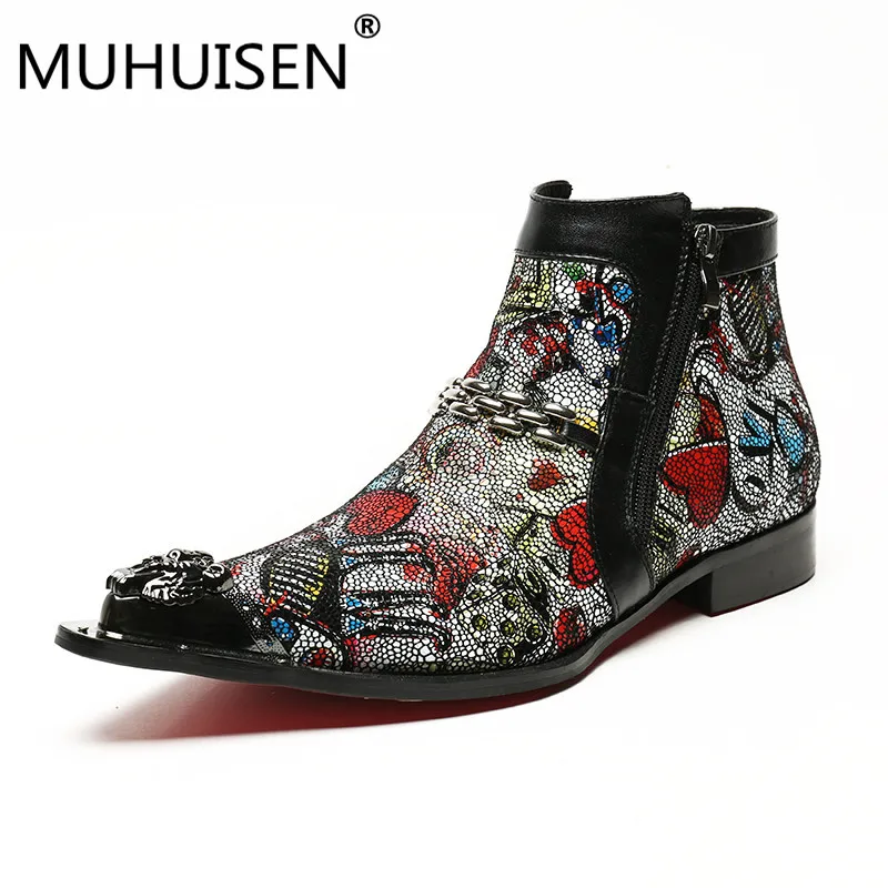 

Free Shipping Genuine leather Men Pointed Toe Metal Ti Men's Dress Boots Fashion Handmade Colorful Cystal Mens Booties 38-46