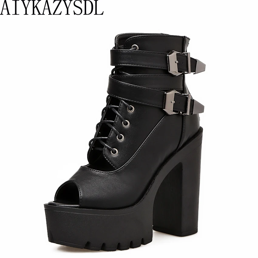 

AIYKAZYSDL Spring Buckle Strap Women Peep Toe Ankle Boots Sandals Cut Out Shoes Platform Block Ultra Very High Heel Party Shoes