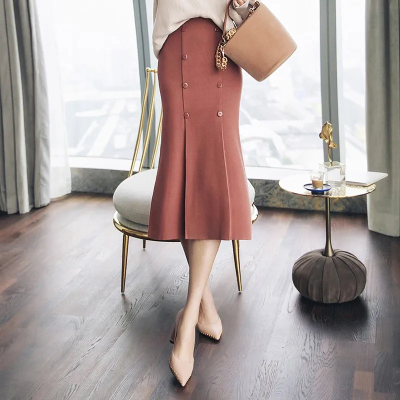 

Stretch Knitted High Waist Skirt Women Fashion Double breasted A-Line Skirts Female Rretro Sexy Long Skirt Autumn Winter Jupe