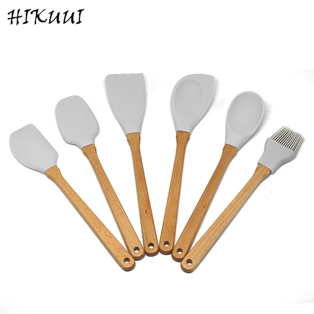 6pcs/set Utensils Light Grey Food Grade Silicone Wood Handle Kitchen