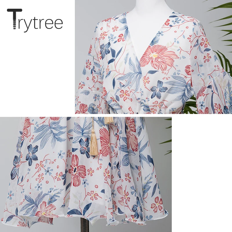 Trytree летнее осеннее платье женское Повседневное платье с v-образным вырезом с завязками на талии платье с рукавом-бабочкой выше колена пляжное стильное платье