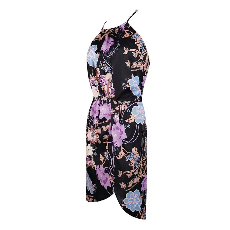 New Women Summer Sexy Sleeveless Halter Neck Floral Print Casual Mini Dress Elegant Lady Vintage Casual Party Dress #4R14 (7)
