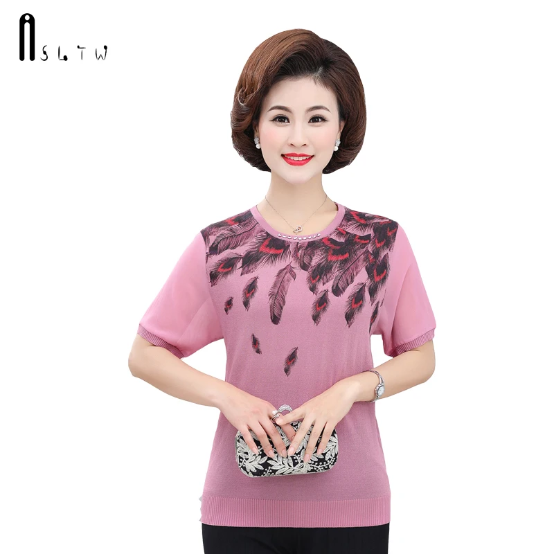 

ASLTW T Shirt Women Summer Geometric Short Sleeve Women Clothes 2019 New Tops Plus Size Thin Knitted Vintage Tee Shirt Femme