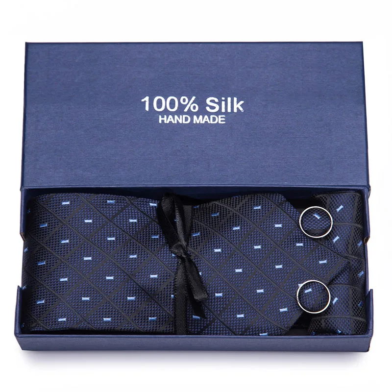 

2019 New Blue Men Tie Fashion Plaid Necktie 100% Silk Ties For Men Business Style Dropshipping Tie Set Gift Box Packing
