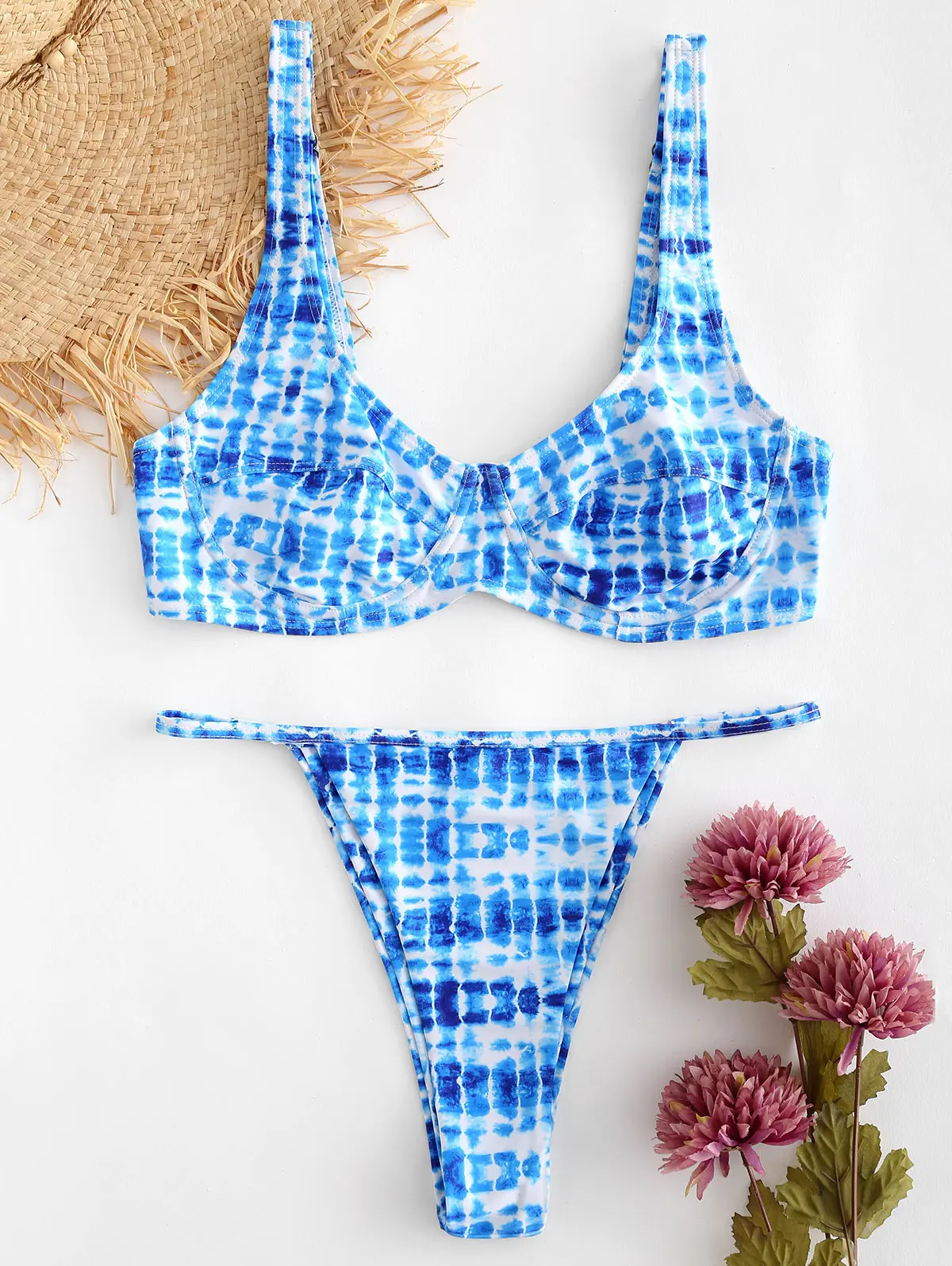 ZAFUL Tie Dye Thong Женский комплект бикини Холтер Мягкий Camis пляжный с завышенной талией