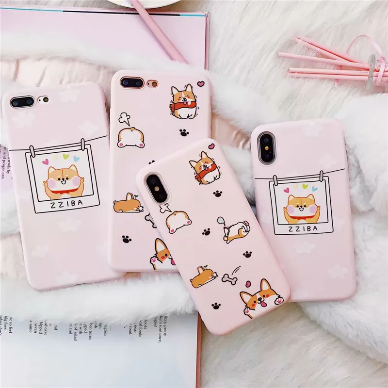 

Kawaii Pink Cute funny Cartoon Corgi Phone Case For iPhone cover X XR XS Max coque 7 Puls 8 6s puls case silicon soft Back cover