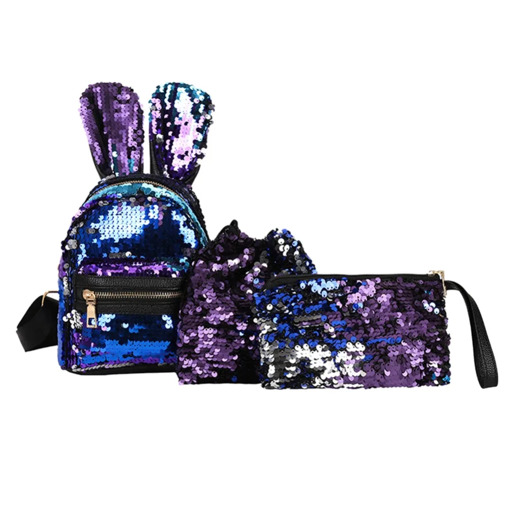 

3pcs/Set Women Rabbit Ears Sequins Mini Backpack Sequins Bags For Girls Teenage Shoulder School Backpack Evening Clutch Bag New