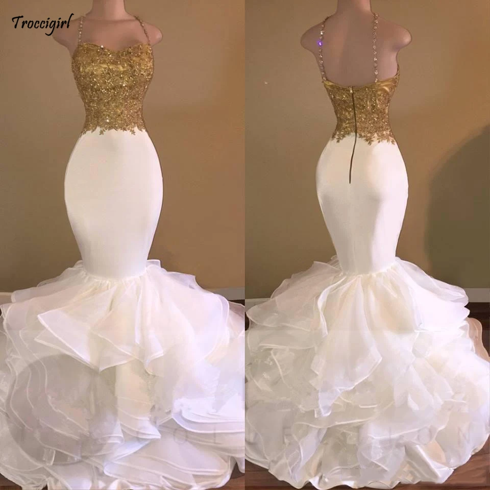 

Unique Mermaid Gold And White Prom Dresses Long 2019 Applique Ruffles Backless Evening Party Gowns Robe De Soiree