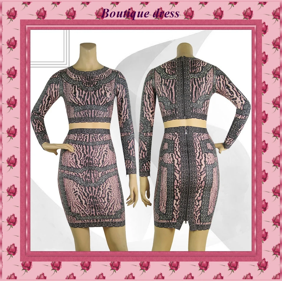 2014 New Promotion Bandage Top Below The Knee Dresses Women See-through Pink Black Snake Print Full Sleeve Sexy Two Piece Dress | Женская