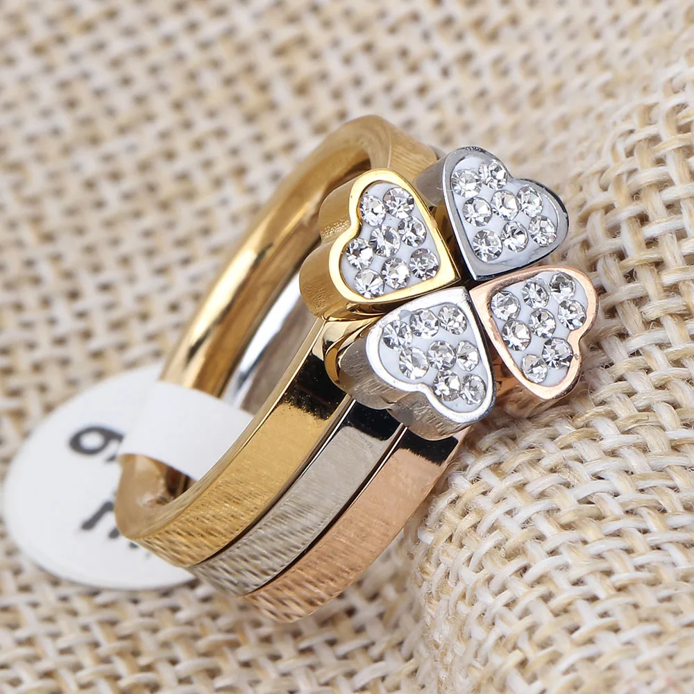 Ювелирные изделия из нержавеющей стали 316L, уникальные кольца в форме сердца 3в1 Для Женщин, хирургическая сталь, без никеля, CZ, Кристальные цветочные кольца