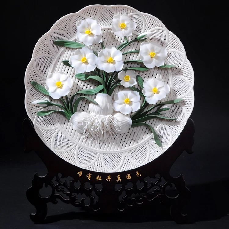 ^*Best Offers Shipping Dehua sculpture ceramic plate decorative hanging plate seat disc traditional pinch 12 inch disk daffodils ornaments ^*Best Offers Shipping Dehua sculpture ceramic plate decorative hanging plate seat disc traditional pinch 12 inch disk daffodils ornaments