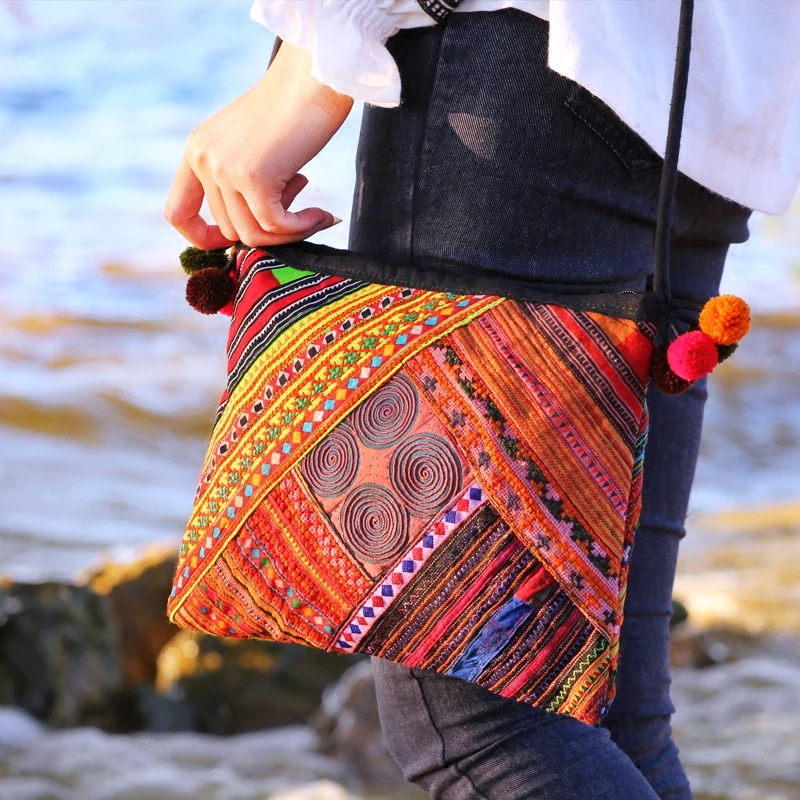 ETAILL National Trend Bohemian Boho India Thai Ethnic Embroidered Bag Handmade Double Faced Embroidery Messenger Shoulder Bag