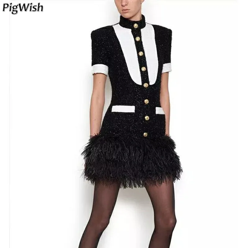 

2018 Fashion Feather Slim Mini Dress High Quality Women New Black White Stitching Metal Button Short Sleeved Dresses Vestidos