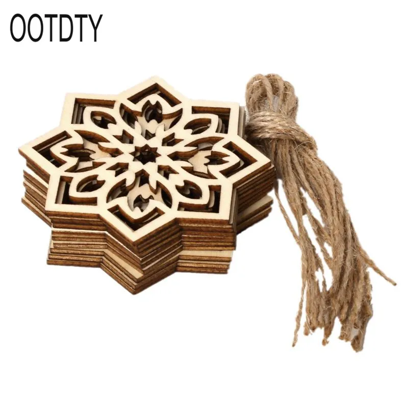 

Eid Wooden Pendant DIY Eid Mubarak Muslim Festival Natural Wood Snowflake Hanging With Ropes Hollow Ramadan Home Decoration