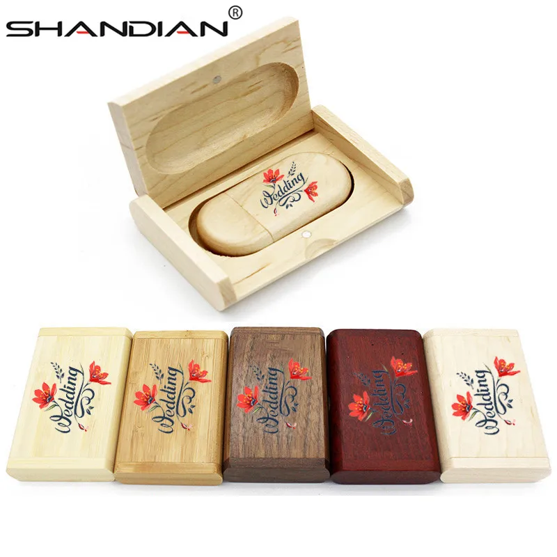 

SHANDIAN 5pcs free LOGO Color silk screen Maple wooden usb+box 4GB 16G 32GB 64G Memory Stick Flash Drive Pen Driver wedding gift