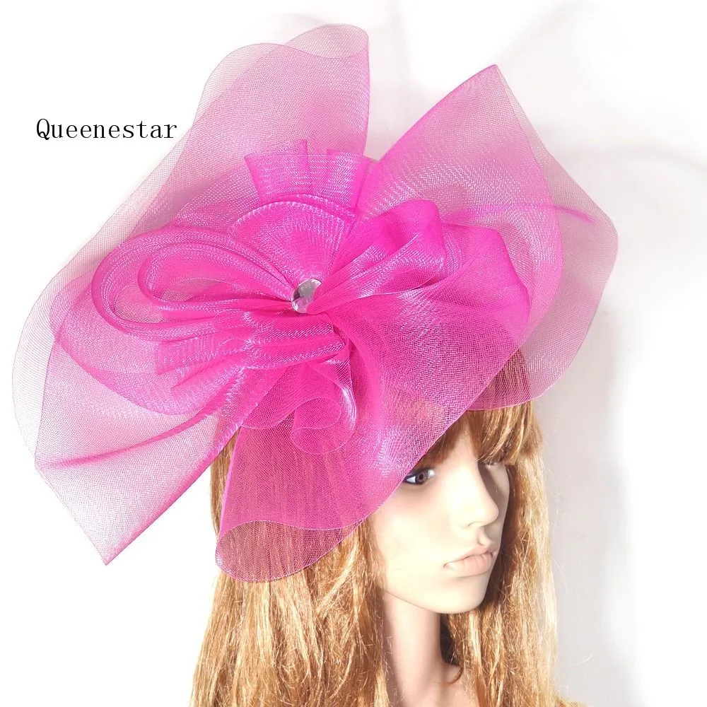 

2018 Large Hot Pink Elegant Ladies Wedding Hat Fascinator Hair Clips For Kentucky Derby Women Gauze Mesh Net Flower Headwear