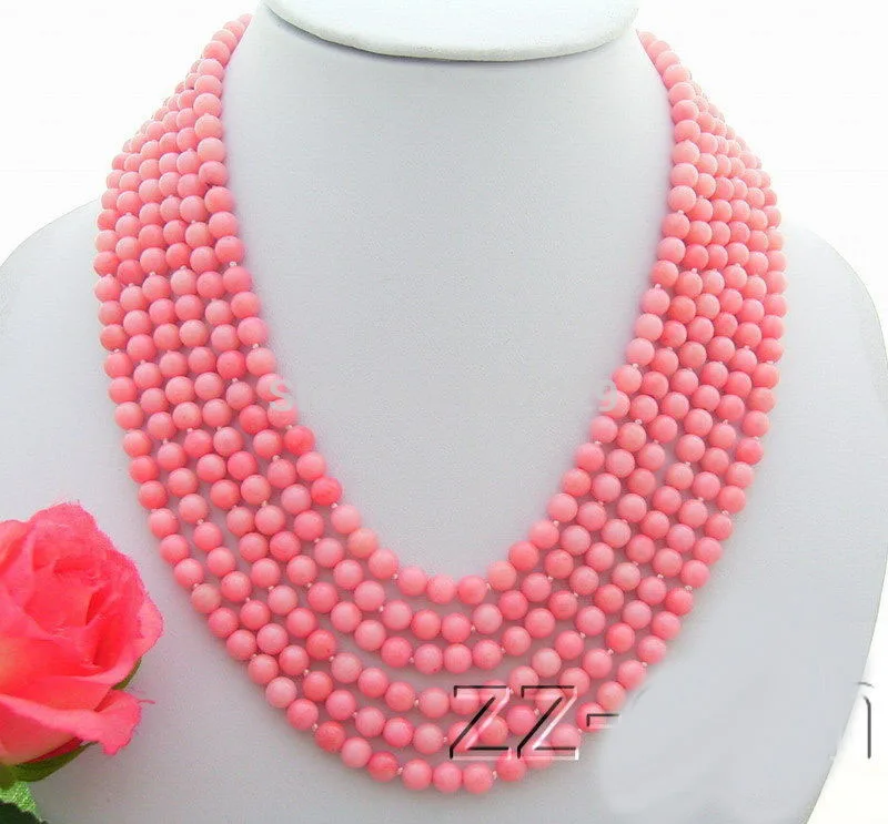 

DD Wholesale 6Strds 6MM Round Pink Coral Necklace