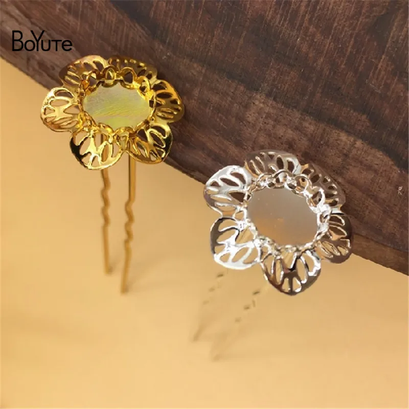 BoYuTe 10Pcs 10MM Cabochon Base Blank Tray Silver Gold 75MM Length U Shaped Hair Stick Kanzashi Hair Jewelry Accessories (8)