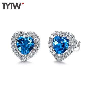 

TYTW Crystals from Austrian Brass Heart Earrings For Women Lady Wedding Party 10 Birthstone Stud Earrings Jewelry Gift Blue Pink