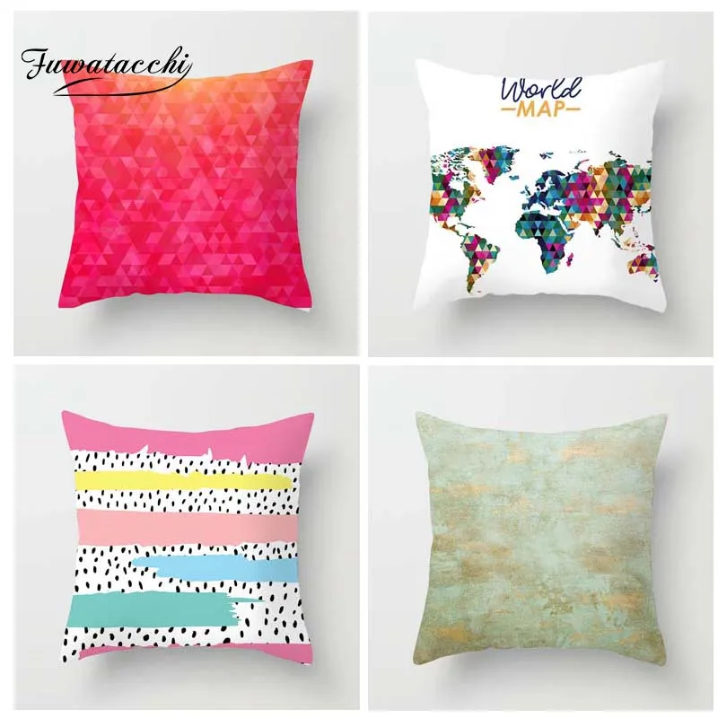 

Fuwatacchi Blooming Painting Printed Cushion Cover Multi Color Pillow Cover Dot World Map Decorative Pillowcase for Home Sofa