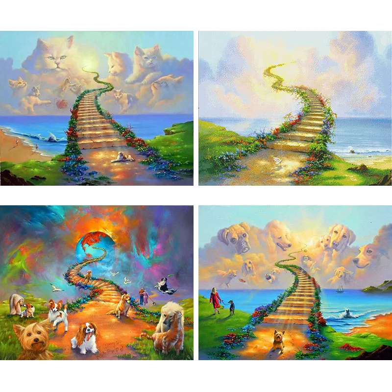 5D Needlework DIY Diamond Painting Cat Dog Heaven Rainbow Bridge Cross