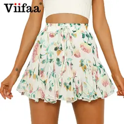 Viifaa Цветочный принт шифоновое мини летняя юбка Для женщин эластичный пояс линии Короткие юбки для школьниц юбка в школьном стиле