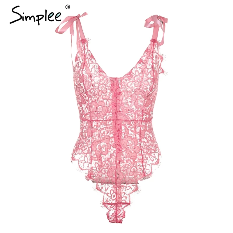 Buy Simplee Sexy strap lace bodysuit women Tie up pink