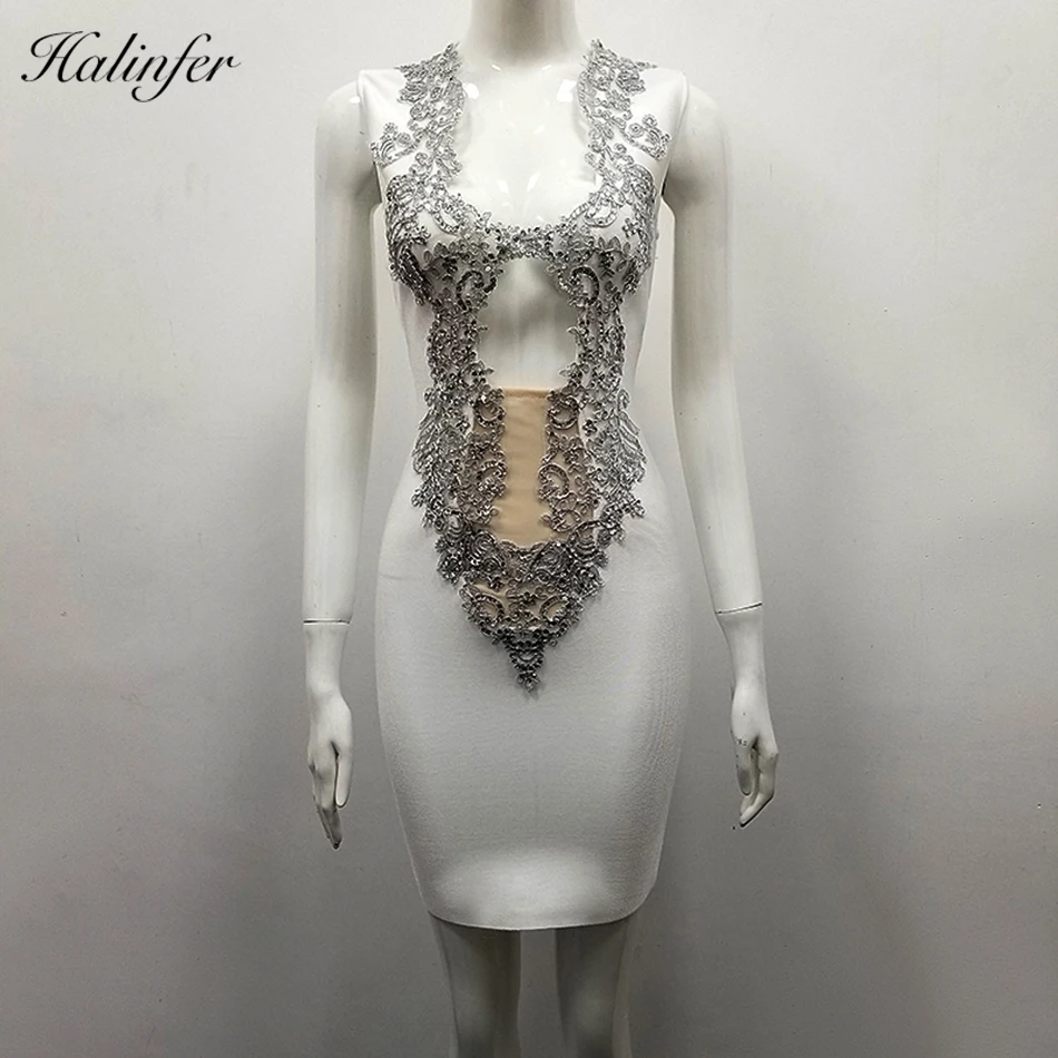 

Halinfer 2018 New summer women dress Sexy Appliques Sequined Bandage Rayon Elegant costumes and fancy Homeciming party dress.