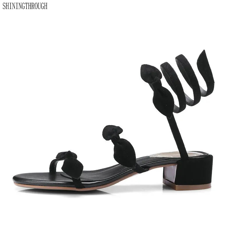 

New women sandals genuine leather 4cm square heels sandals woman cross strap bowties ladies dress party wedding shoes