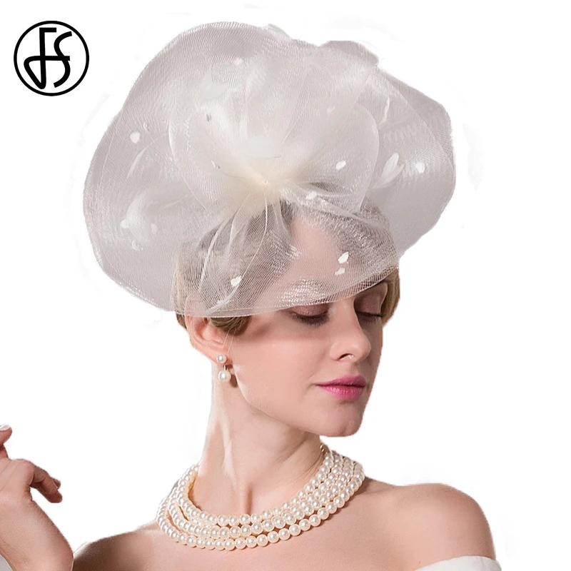 FS Fancy White Pillbox Hat Ladies Formal Bowknot Feather Summer Wedding