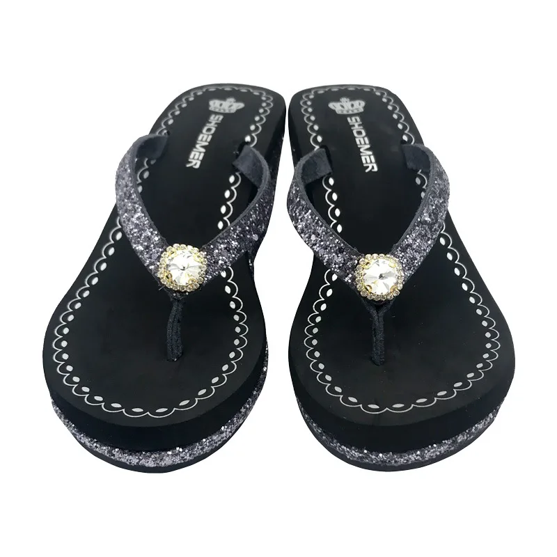 Billige Strass Hausschuhe Frauen Sommer Plattform Weages Rutschen Glitter Frauen Grundlegende Strand Hausschuhe Schwarz Flip Flops