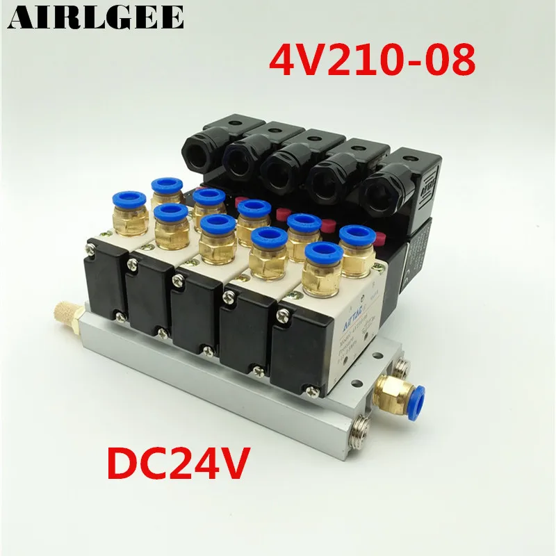 Billig 4V210 08 DC24V 2 Positionen 5 Weg Vierbett Magnetventil Aluminium Basis Fitting Schalldämpfer Set 5 Stationen Kostenloser versand