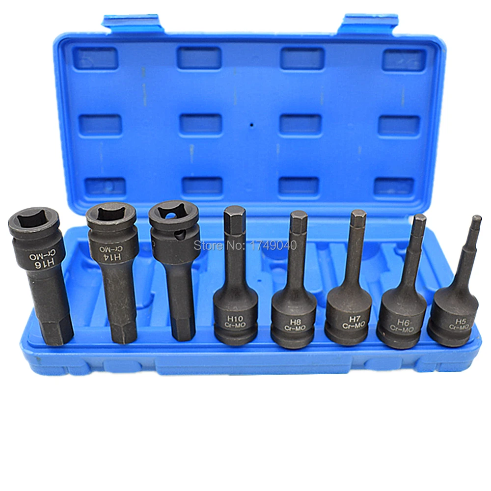 

1/2" Square Drive Hex Bit Impact Socket 8 Piece Set Air Impact Hex Bit Cr-Mo 78mm Long Hex Head H5 H6 H7 H8 H10 H12 H14 H16