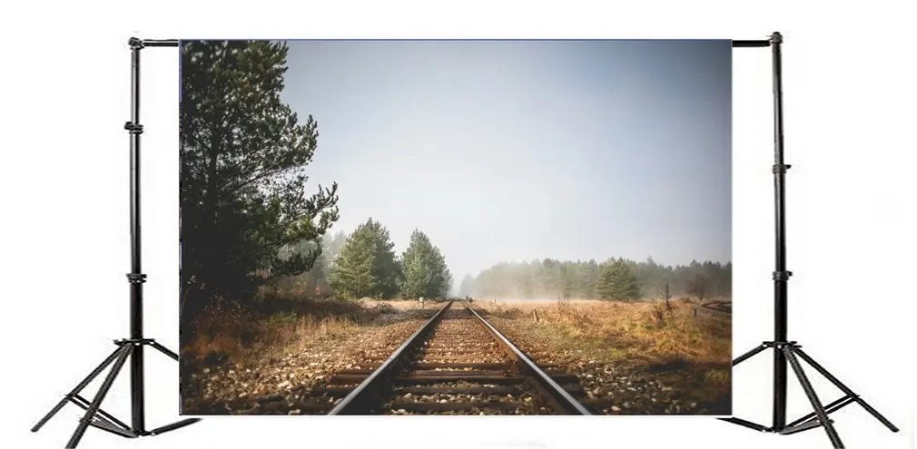 

Photography Backdrop Railroad Tracks Ric Trees Golden Leaves Blue Sky Nature Autumn