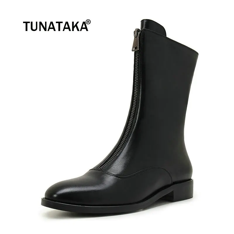 

Female Genuine Leather Comfort Low Heel Ankle Boots Fashion Zipper Round Toe Spring Autumn Shoes Black