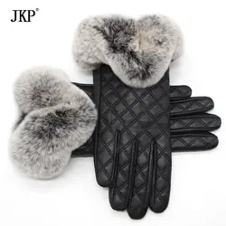 JKP Новая роскошная Натуральная мех кролика рекс Для женщин перчатки черная кожа овчины Натуральная зимние из натуральной кожи перчатки