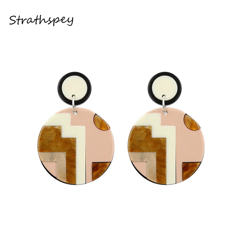 

STRATHSPEY Bohemia Acrylic Earrings For Women Round Resin Earrings Stitch Acetate Drop Dangle earing Statement Jewelry