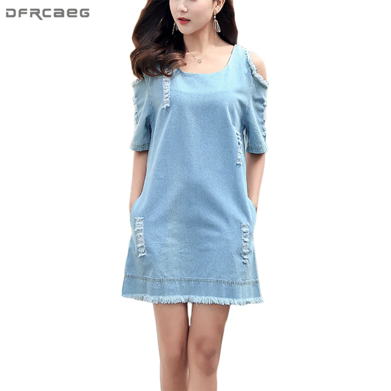 Sexy Off Shoulder Dress Women Holes Hollow Out Tassel Denim Dresses Short Sleeve Summer Ladies Vestido Casual Mini Jeans Dress