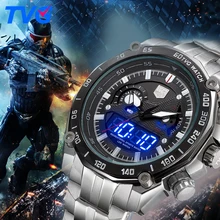 TVG Men’s Sports Watches Analog LED Dual Display Wristwatch Stainless Steel Military Watch Waterproof for men relogio masculino
