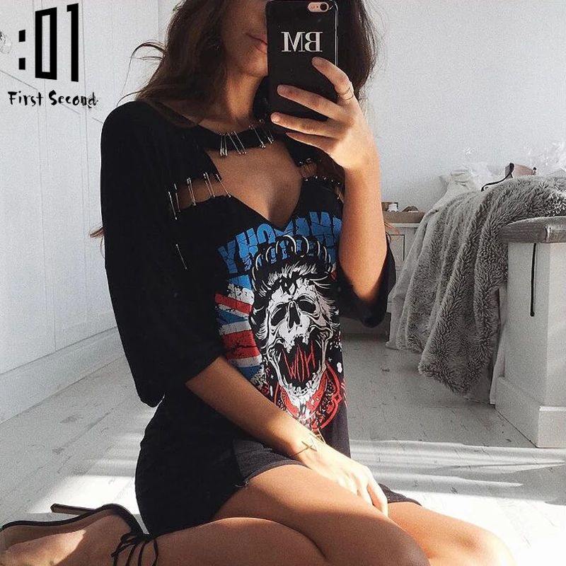 Buy Cheap Women Skull Printed T-Shirt Dress Casual Choker V Neck Short Sleeve T Shirt Dress 2017 Summer Sexy Hollow Out Beach Club Dresses