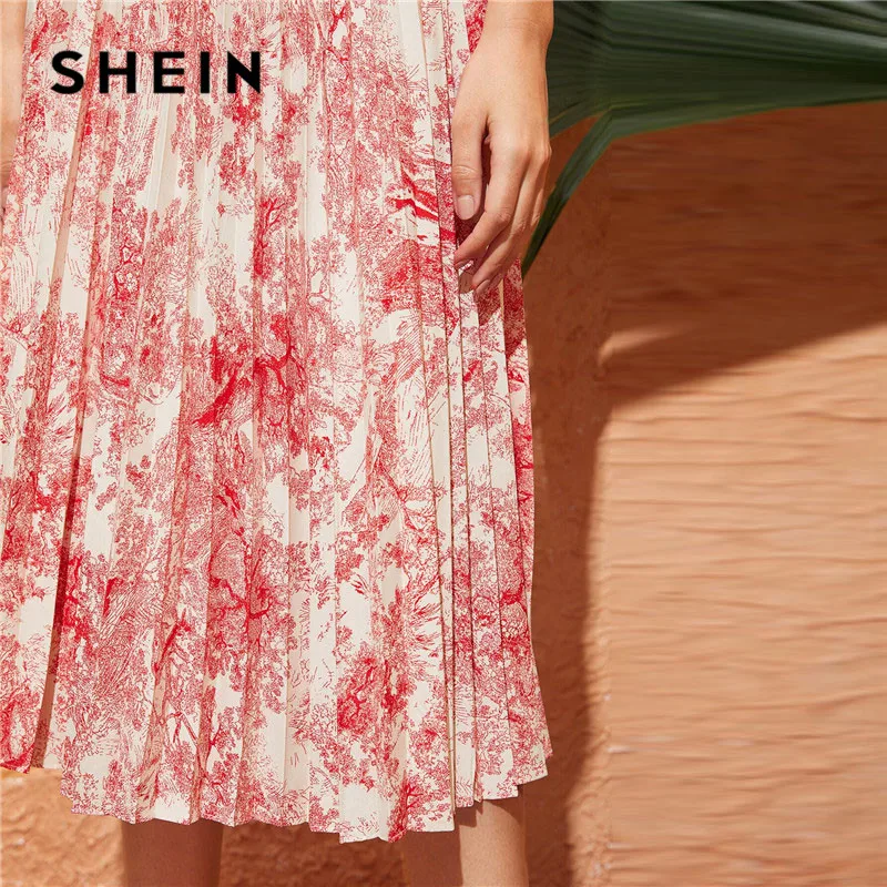 SHEIN, Женская плиссированная юбка с пейзажным принтом, весна-лето, Boho, высокая талия, длинные юбки для дам, трапециевидная элегантная юбка миди