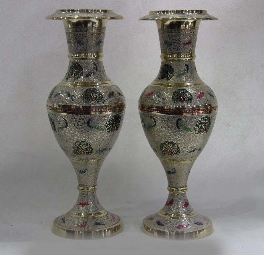

Nepal Pure Bronze Copper White Painted Peacock peafowl Bird Pot Bottle Vase Pair