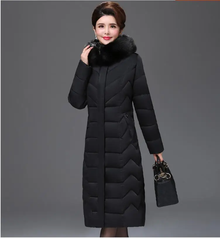 Большие размеры, женские парки среднего возраста, зимняя куртка, тонкий теплый толстый хлопок, длинное пальто, ветрозащитное Женское пальто с меховым воротником и капюшоном, 5XL