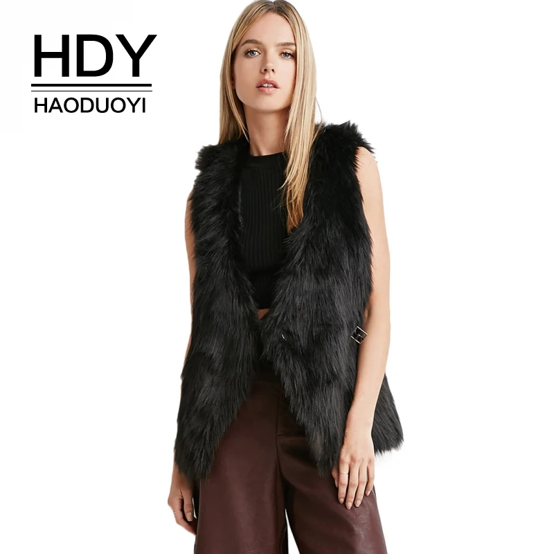 HDY Haoduoyi Women Coat Solid Black Casual Sleeveless Female Outwears Basic Warm Streetwear Faux Fur Tops For Ladies | Женская одежда