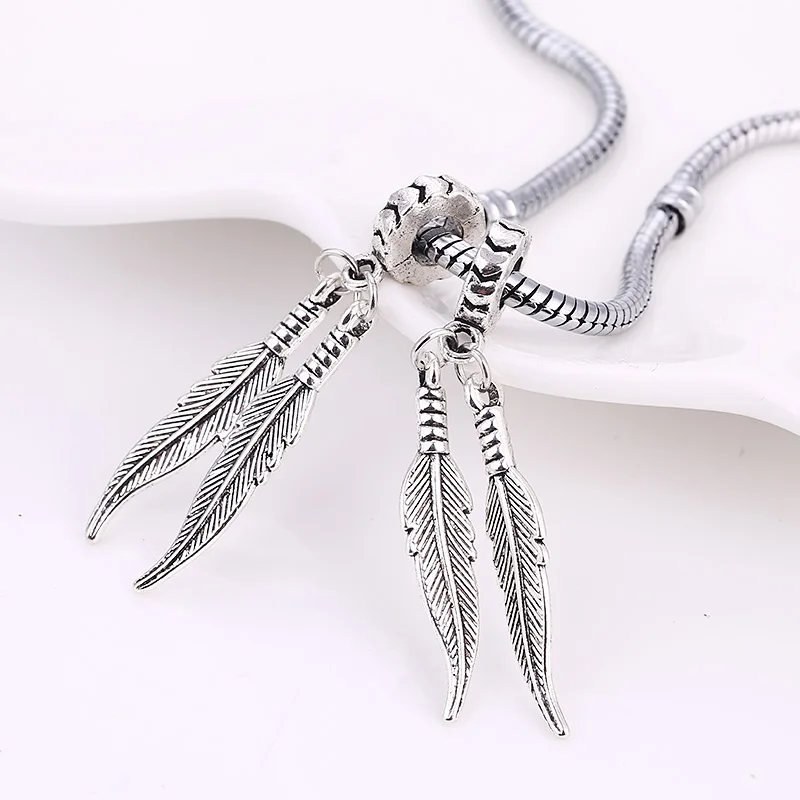 Vintage Metal Feather Beads Fit Pandora Charms Antique Silver DIY Zinc
