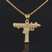 Trendy Rhinestone Submachine Gun Pistol Machine Gun Pendant with Cuban Chain Gold Plated Hip Hop Men Jewelry