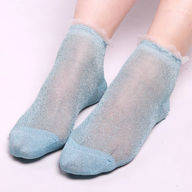 5Colors Women Lace Socks Summer Shiny Crystal Glass Silk Thin Ankles Short Sock Transparent Glitter Sox Maternity Women's Sock - Цвет: Blue