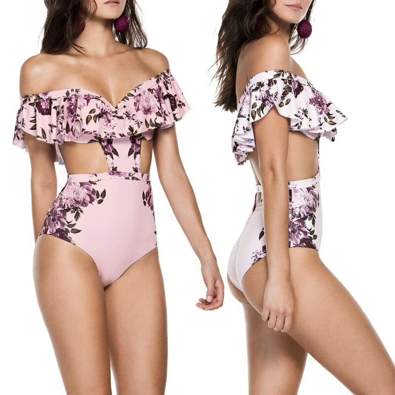 

Off Shoulder One Piece Swimsuit Women Frills Flounced Swimwear Floral Print Bodysuit Beach Bathing Suit Monokini Swimsuit XL