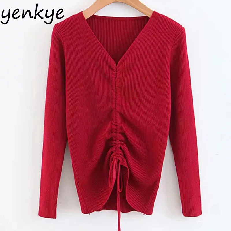 Women Candy color Front Drawstring Draped Knitted Sweater Female Sexy V