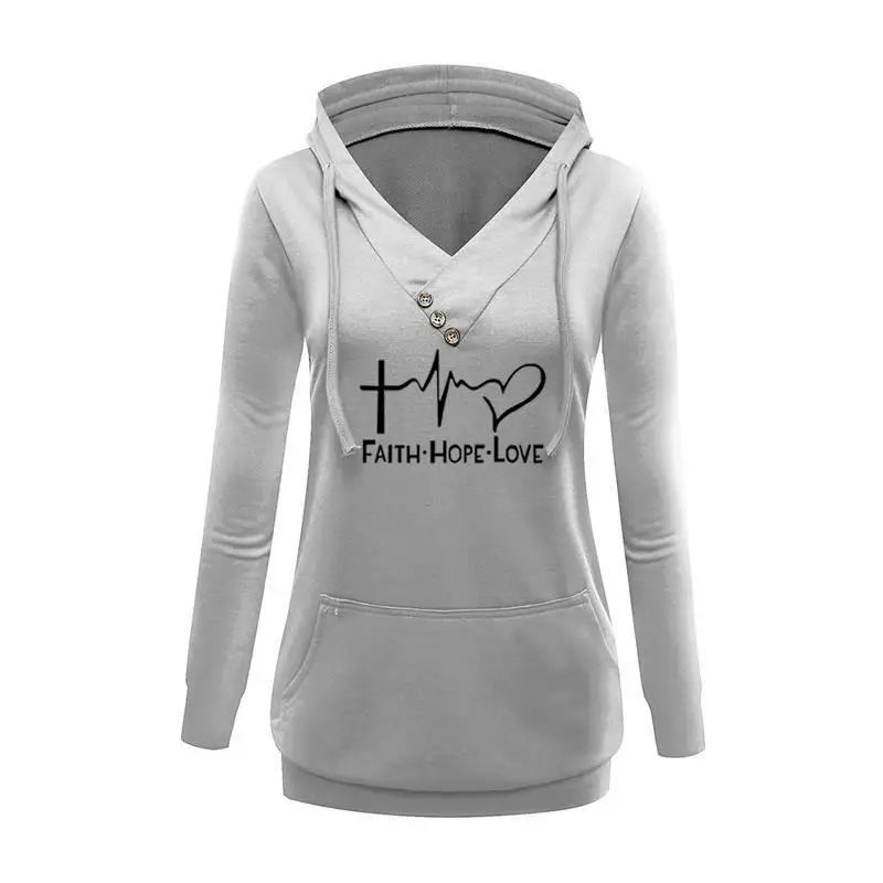 Hoodies For Women Buckle V-Neck Sweatshirt FAITH HOPE LOVE Letters Print Sweatshirt Femmes Hoodies Women Tops Girls Harajuku